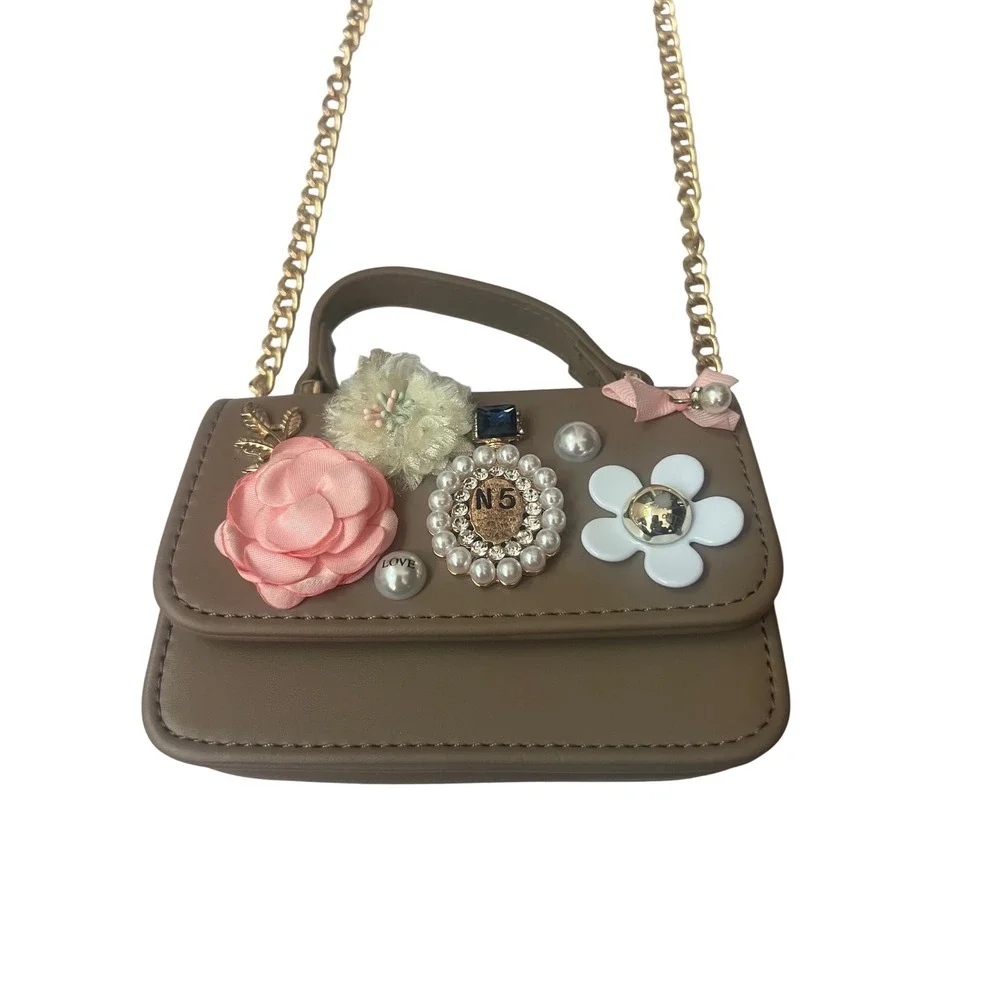 Girls Taupe Floral Applique Crossbody Bag Gold Chain Strap Mini Top Handle Purse